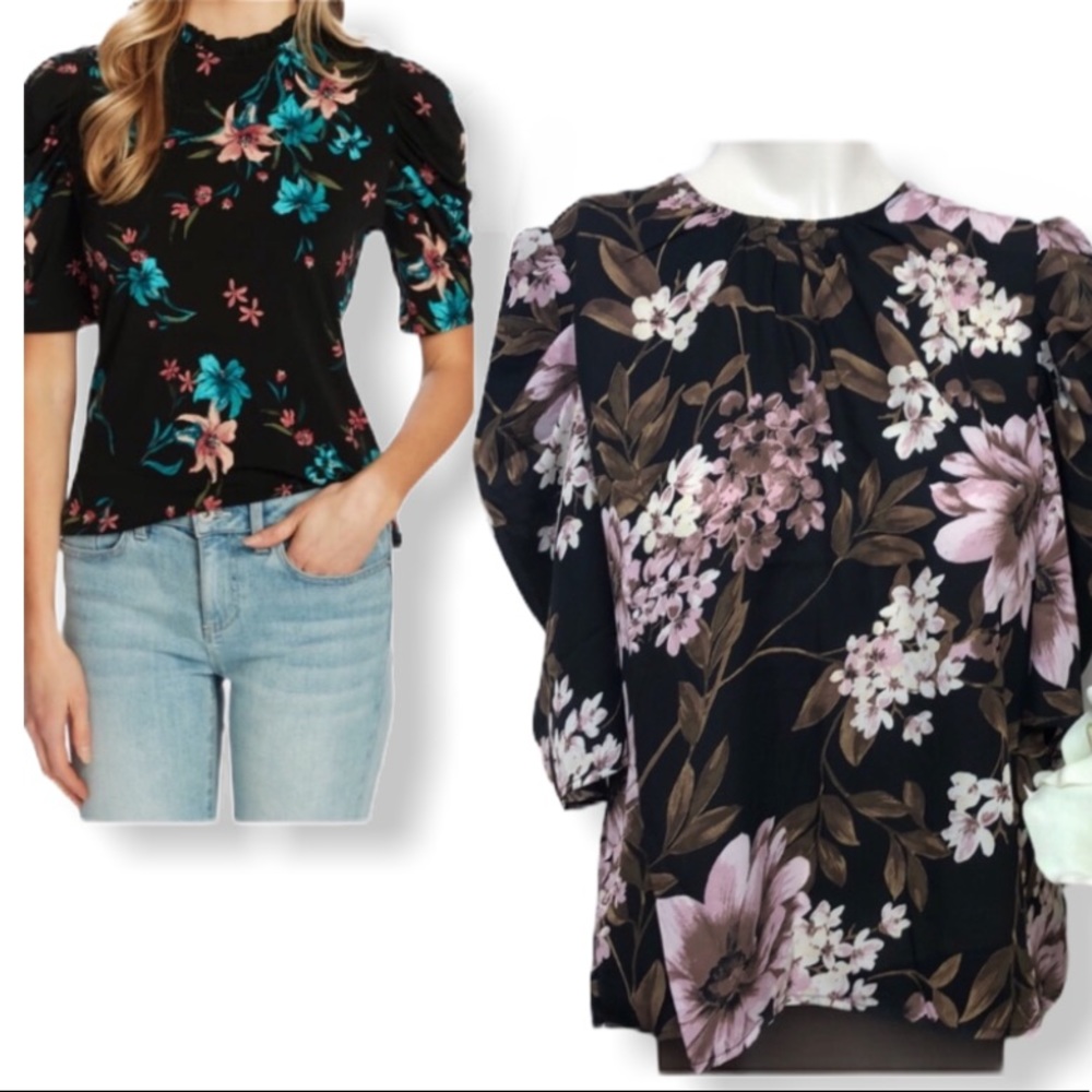 Wayf Black/Pink Floral Puffed Sleeve Blouse Size L